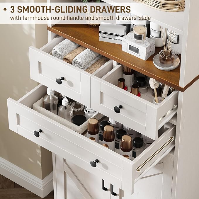 Vabches Farmhouse Bathroom Cabinet, Adjustable Shelves & Doors, 3 Tier Wood - Image 6
