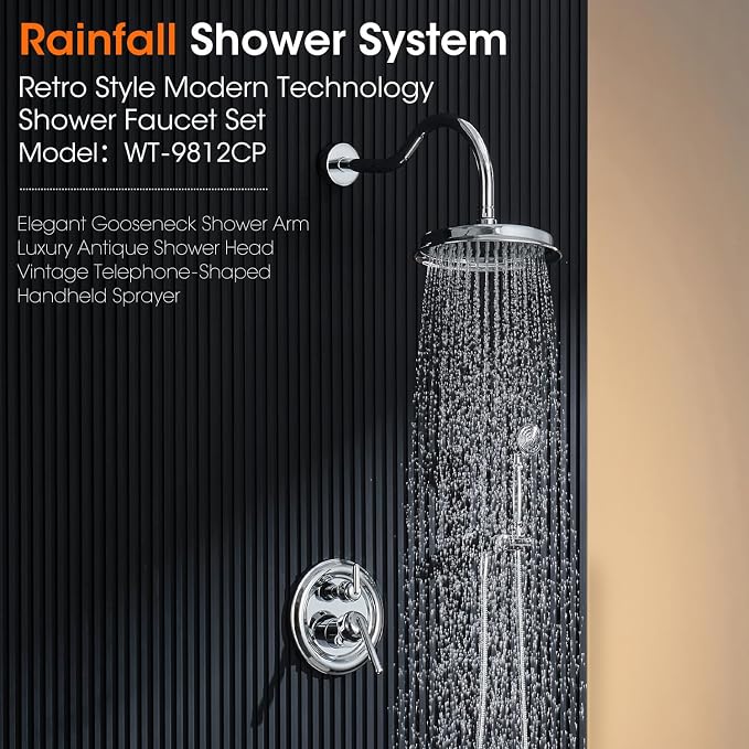 Shower System with Rain Shower Head, Handheld Spray, Rough-in Valve and Trim - Image 2
