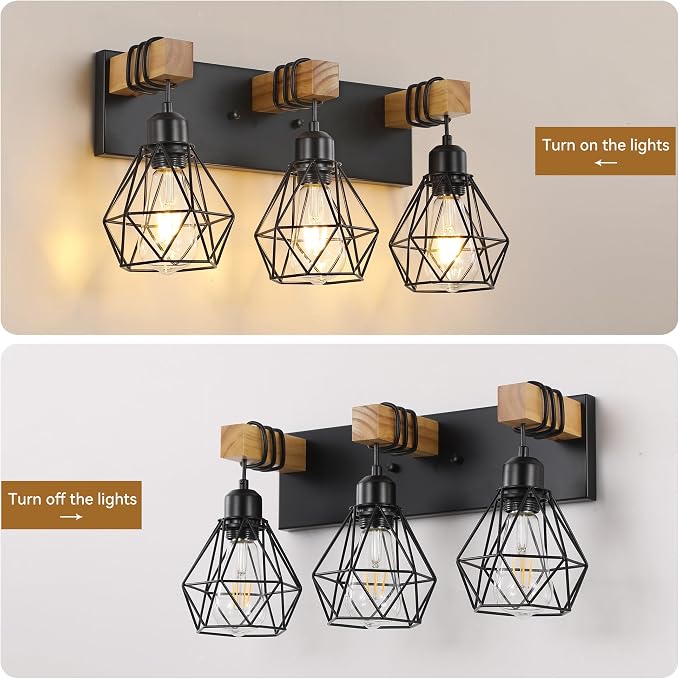 Farmhouse Vanity Light for Bathroom, 3-Light Wood Bathroom Vanity Light - Image 6