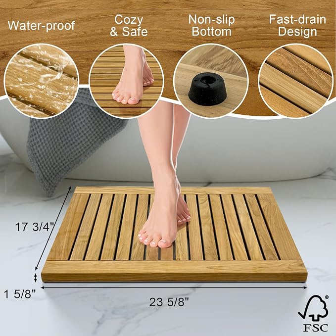 StrongTek 24 inch Teak Shower Mat, Water-Resistant, Easy-to-Clean Bath Mat - Image 2