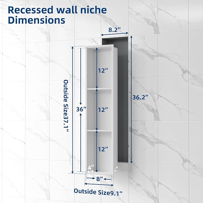 Neodrain 8X36 Inch White Three Layers Stainless Steel Shower Niche, NO Tile - Image 3
