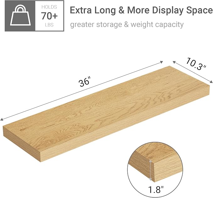 Vivelove 10 inches Deep Floating Shelves 36 inch Long, Large Oak Wall Shelves - Image 3