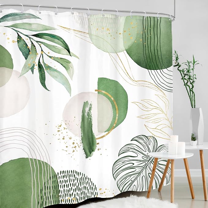 Extra Long Green Boho Shower Curtain 72Wx78H Mid Century Modern Abstract - Image 3