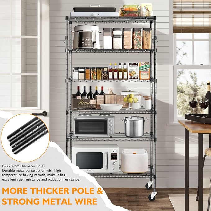 6 Tier Storage Shelves with Wheels, 2100lbs Capacity Heavy Duty Shelving Units - Image 4