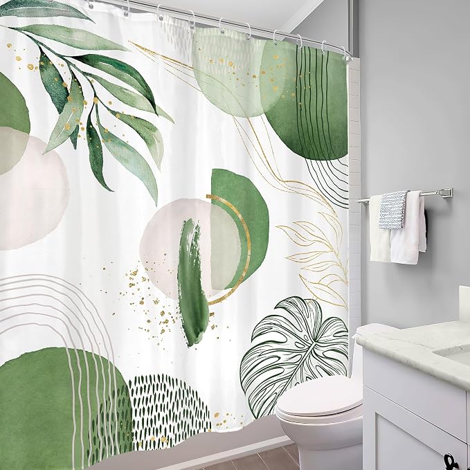 Green Boho Shower Curtain 60Wx72H Bohemian Mid Century Modern Abstract Palm - Image 4
