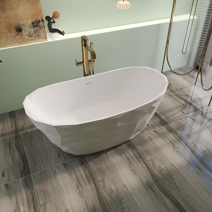 64" Premium Modern Solid Surface Free Standing Bathtubs, Unique Matte White - Image 2
