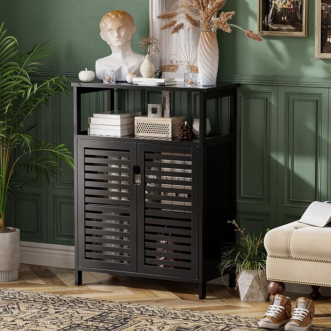 HITNET Black Bathroom Storage Cabinet, Freestanding Bamboo Floor Cabinet 4 Tier - Image 4
