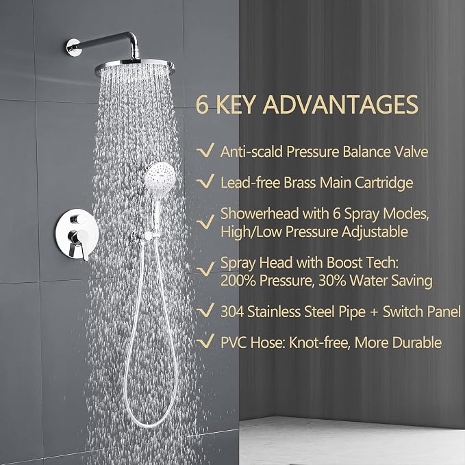 Polished Chrome Shower Faucet Set, Wall Mount Rain Shower System 10 Inches - Image 2