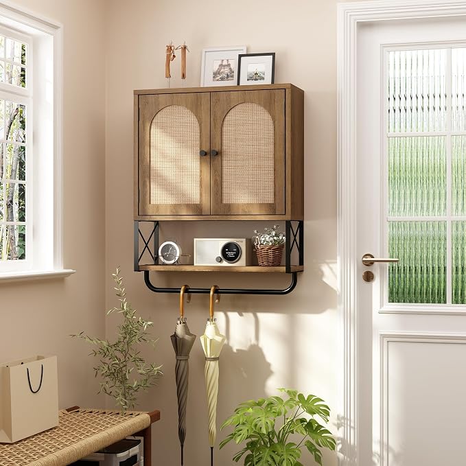RUSTOWN Rattan Bathroom Wall Cabinet, Boho Over The Toilet Storage Cabinet - Image 5