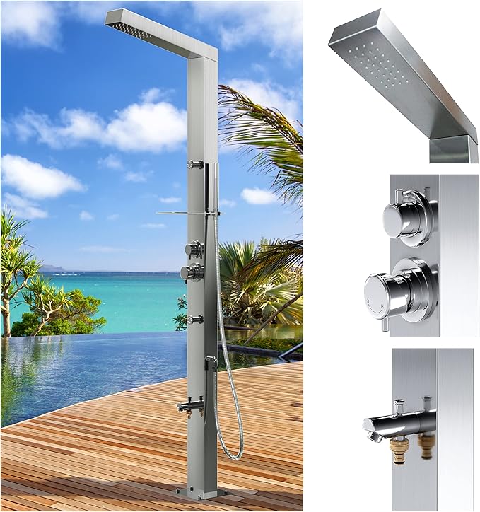 RENO 316 Marine Grade Brushed Stainless Steel Massage Outdoor Shower Panel by NoWorriesProducts