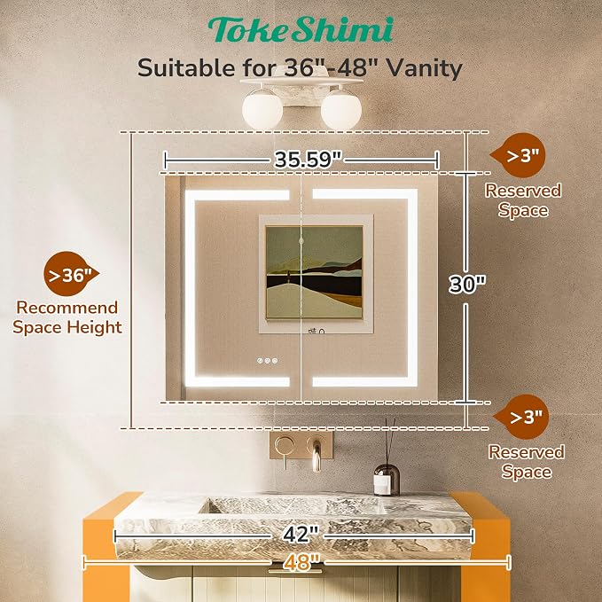 TokeShimi 36x30 Led Mirrored Medicine Cabinet Recessed - Image 3