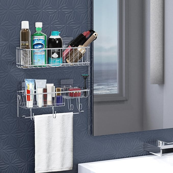 Simple Houseware Bathroom Adhesive Wall Mount Large Shower Caddy w/Hooks - Image 5