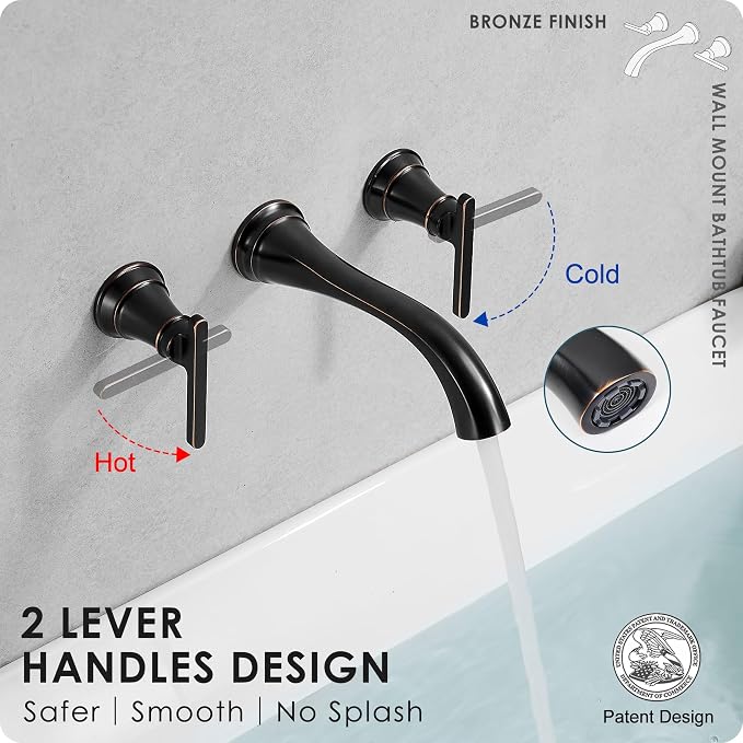 Oil Rubbed Bronze Wall Mount Tub Filler, High Flow Bath Tub Faucet 2 Handles - Image 3
