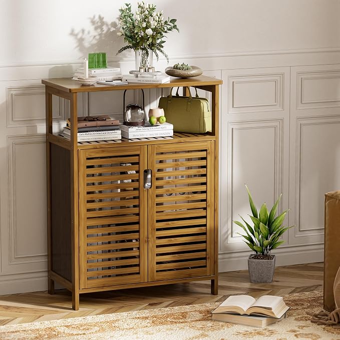 HITNET Walnut Bathroom Floor Cabinet, Bamboo Side Tall Storage Organizer - Image 5