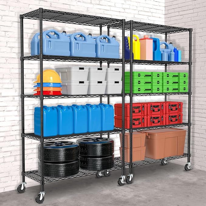 5 Tier Storage Shelves with Wheels Wire Rolling Garage Shelving Rack Organizer - Image 2
