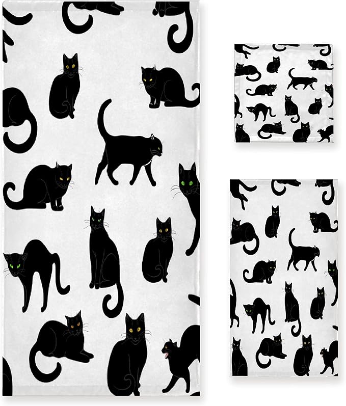 Black Cats 3 Piece Towel Bathroom Sets, 1 Bath Towel, 1 Washcloth, 1 Hand Towel by Tamonten