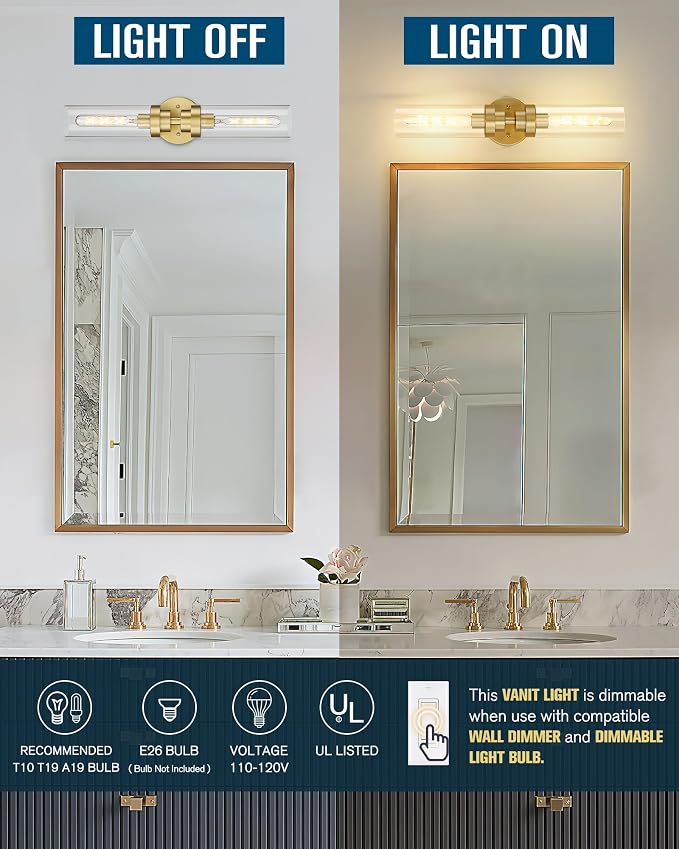 Emak Modern 22 Inch Gold Bathroom Light Fixtures Over Mirror, Cylinder Bathroom - Image 2