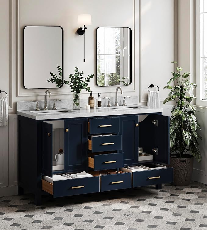 ARIEL Cambridge 61 Inch Midnight Blue Bathroom Vanity Double Sink, Solid Wood - Image 4