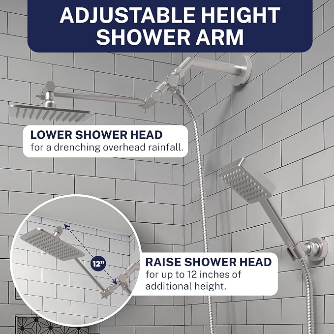 HammerHead® Solid Metal Dual Shower Head Combo — 8" Square Rain Shower Head - Image 4