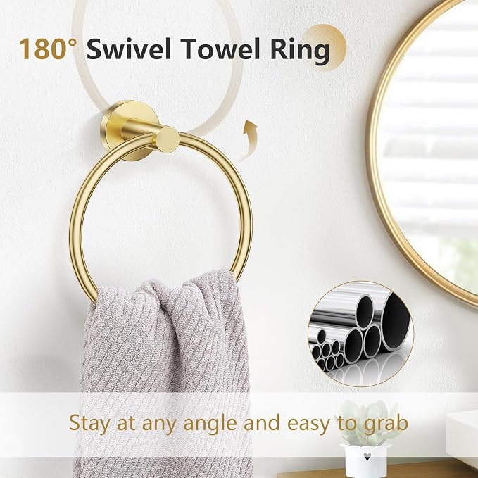 TNOMS 5-Piece Towel Bar Set Brushed Gold Bathroom Hardware Accessories Set - Image 3