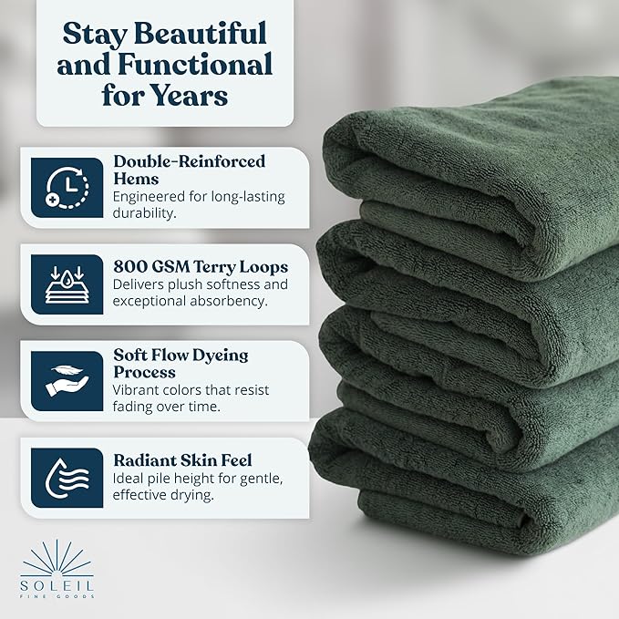Soleil Fine Goods Luxurious 800 GSM 100% Cotton Bath Towel Set - Image 3