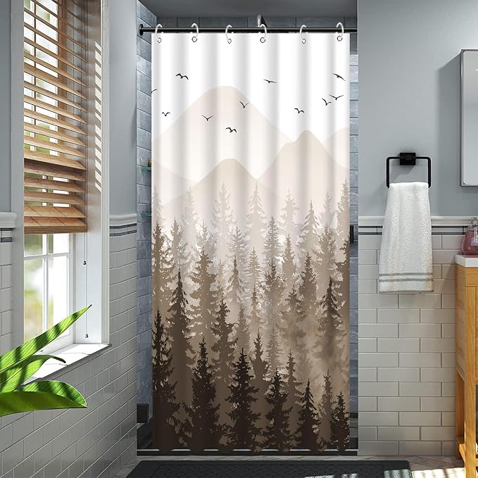Aipon Brown Misty Forest Shower Curtain Ombre Nature Tree Plants Shower - Image 5