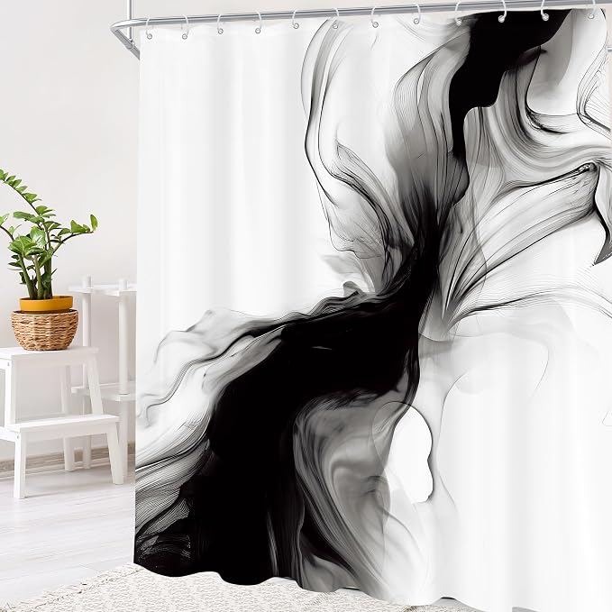 Cinbloo Extra Long Black and White 72Wx84H Shower Curtain Abstract Marble - Image 3
