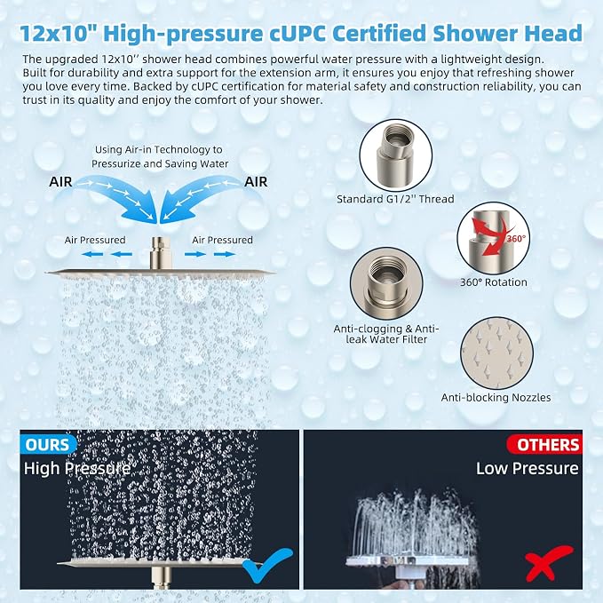 Hibbent All Metal CUPC Certified 12'' Rainfall Shower Head, Dual Shower Head - Image 6