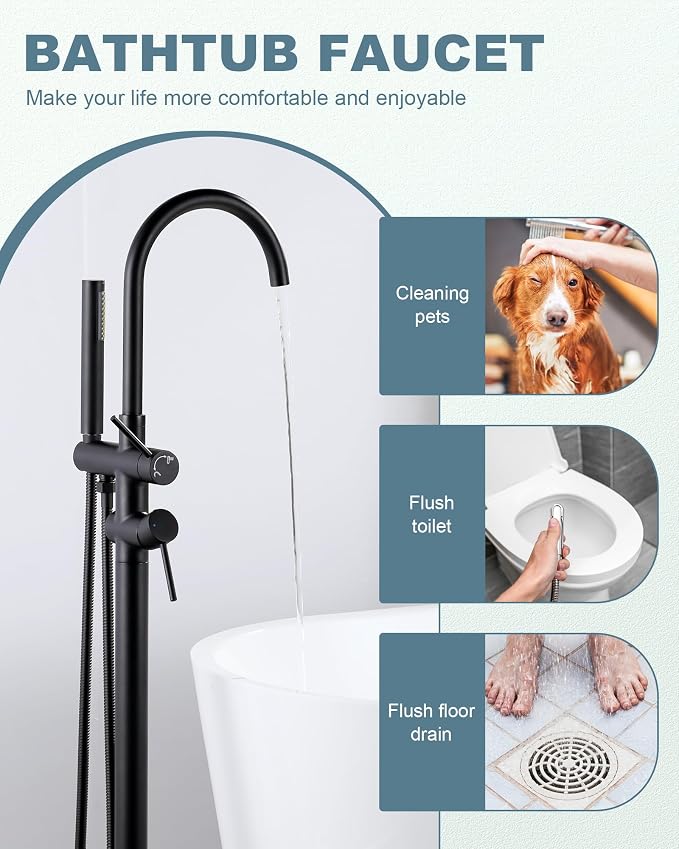 Freestanding Bathtub Faucet Matte Black: Floor Mount Tub Filler, High Flow - Image 5