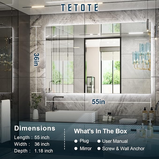TETOTE 55 x 36 Inch LED Mirror Bathroom Backlit, Anti Fog, Vanity Lighted Mirror - Image 6