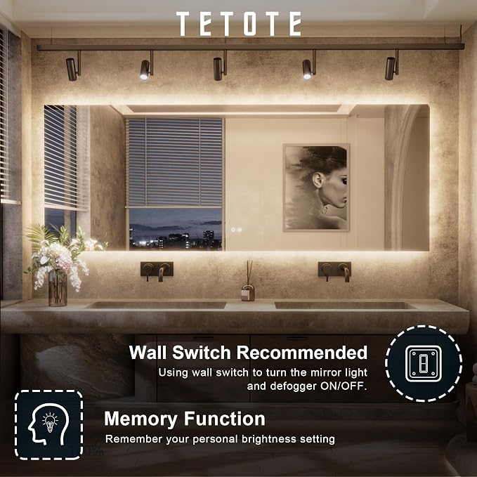 TETOTE 24 x 36 Inch LED Backlit Bathroom Mirror - Image 5