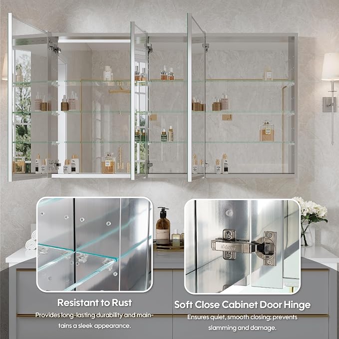 WELLFOR 52" x 30" Rectangle Medicine Cabinet Mirror, Surface Mount or Recessed - Image 4