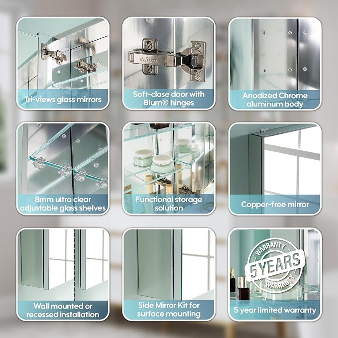WELLFOR 60" x 30" Rectangle Medicine Cabinet Mirror, Surface Mount or Recessed - Image 5