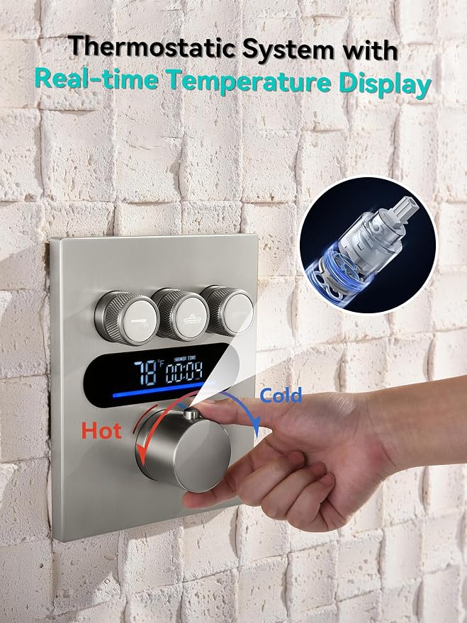 Lefton Shower System in Fahrenheit Display, 13” Overhead Round Rainfall Shower - Image 6