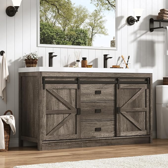 Double Bathroom Vanity with Sink & Faucet & Sewer Pipes, Double Sink Vanities - Image 8