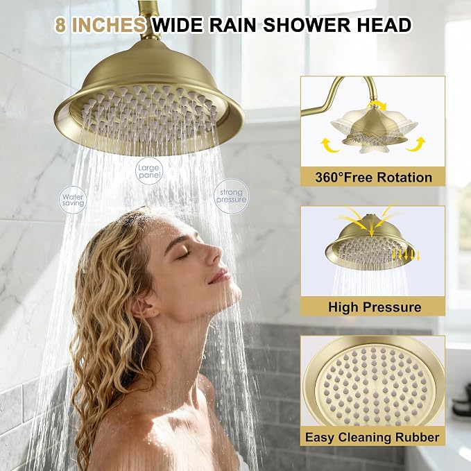 Exposed Shower System Brushed Gold, Antique Brass Shower Faucet Set - Image 3