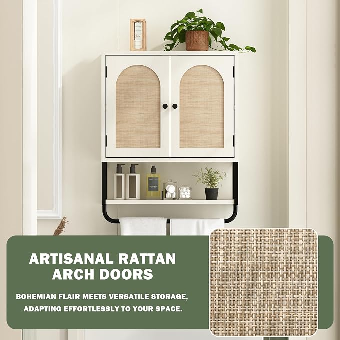 RUSTOWN Rattan Bathroom Wall Cabinet, Boho Over The Toilet Storage Cabinet - Image 6