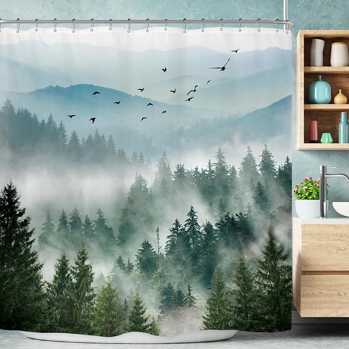 Riyidecor Extra Wide Green Mountain Shower Curtain 108Wx72H Inch Rustic Nature by Riyidecor