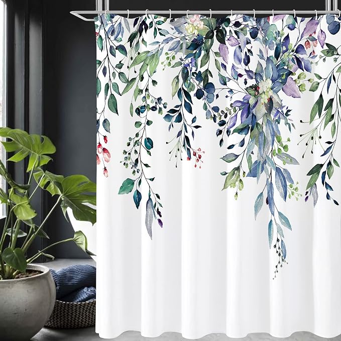 Gibelle Extra Long Shower Curtain 72 x 84, Watercolor Floral Plant Bathroom by Gibelle