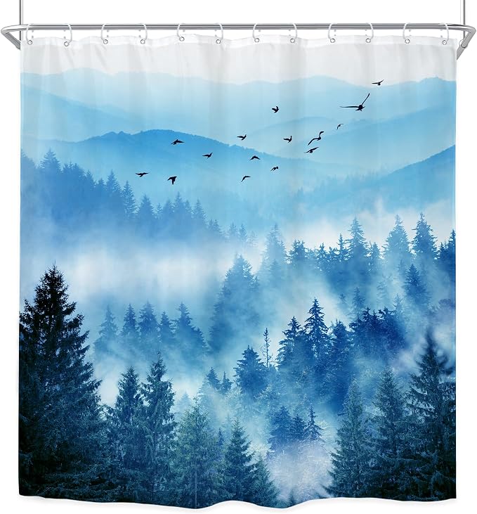 Riyidecor Navy Blue Shower Curtain，Mountain Nature Woodland Scenery，Park Scene - Image 7