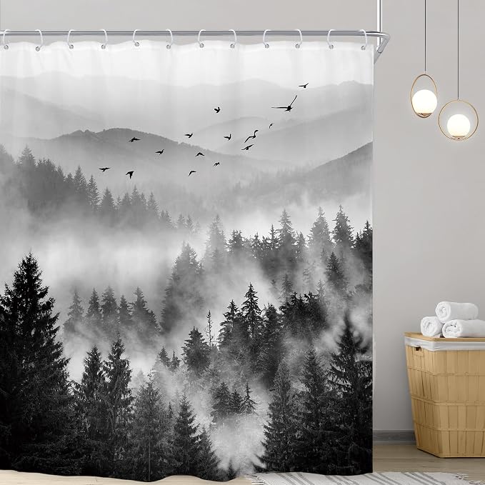 Riyidecor Black and White Shower Curtain 72Wx96H Inch Extra Long Mountain - Image 2