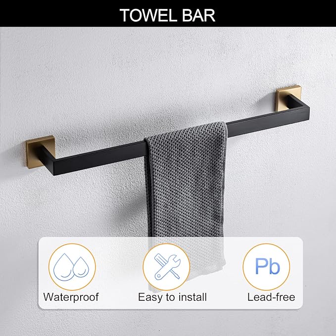 TNOMS 5 Pieces Bathroom Hardware Accessories Set Black and Gold Towel Bar Set - Image 3