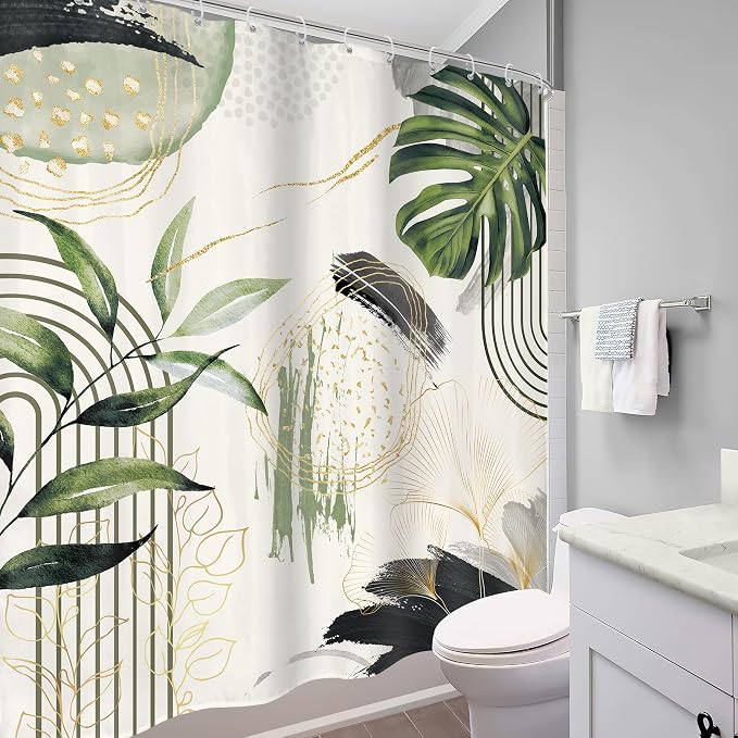 Grey Green Boho Shower Curtain 60Wx72H Tropical Palm Leaves Abstract Mid - Image 3