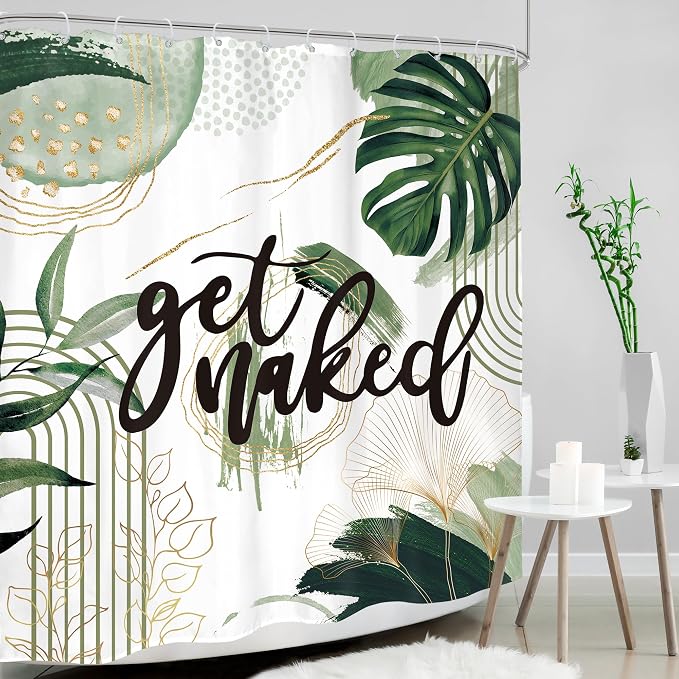 Green Boho Shower Curtain 60Wx72H Bohemian Sage Green Golden Leaves Get Naked - Image 3
