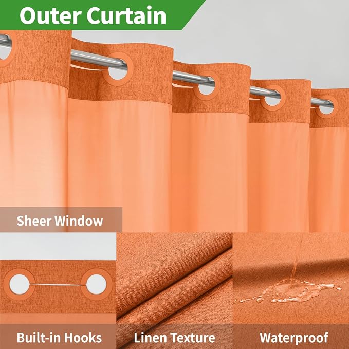 Extra Long No Hooks Needed Linen Textured Shower Curtain - Image 4