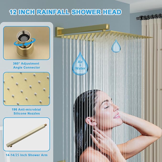 Lordear 12 Inch Rainfall Shower System Wall Mounted Shower Head Faucet Set Gold - Image 3