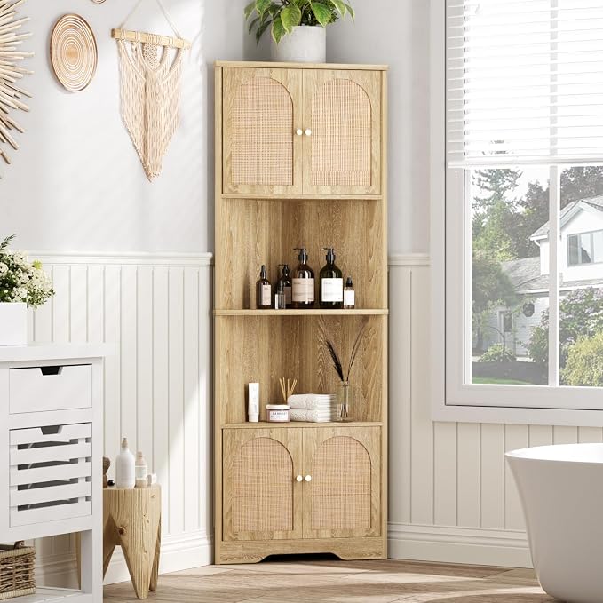 67''H Tall Corner Cabinet with Handmade Rattan Door, Rattan Storage Cabinet by FiveWillowise