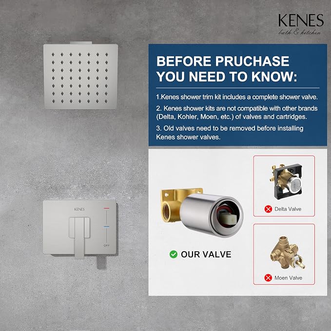 KENES Brushed Nickel 6-Inch Shower Head and Handle Set, Square Shower Faucet - Image 3