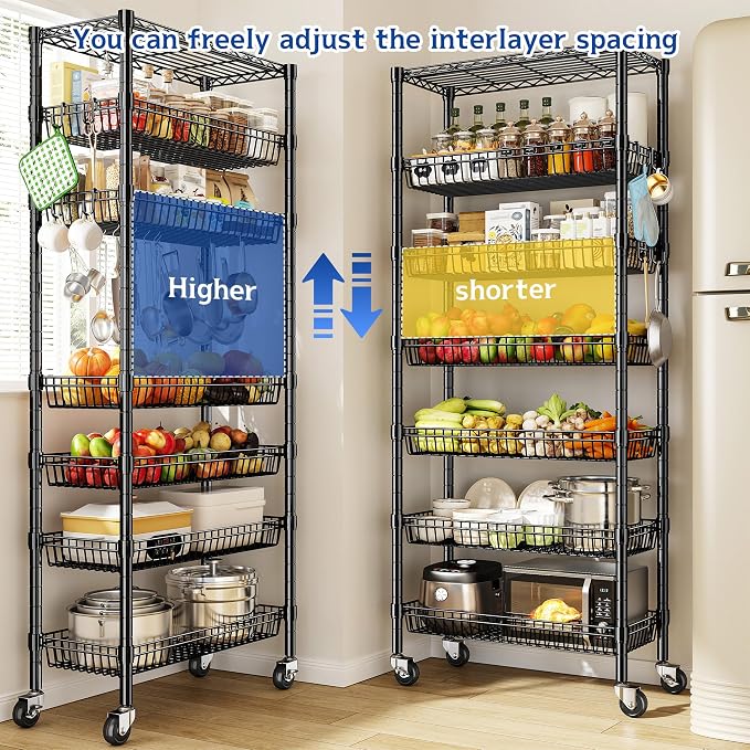 7 Tier Wire Shelving with Wheels 72" H Adjustable Basket Shelf Storage Shelves - Image 8