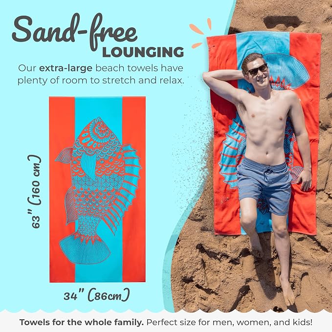Nova Blue Tropical Fish Beach Towel – Bright Red & Blue Packable Beach Towel - Image 3